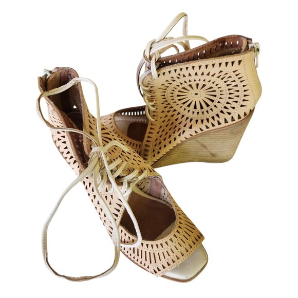 Jeffrey Campbell Rodillo Laser Cut Lace Up Open Toe Wedge Sandals Booties Size 7 - Picture 11 of 13